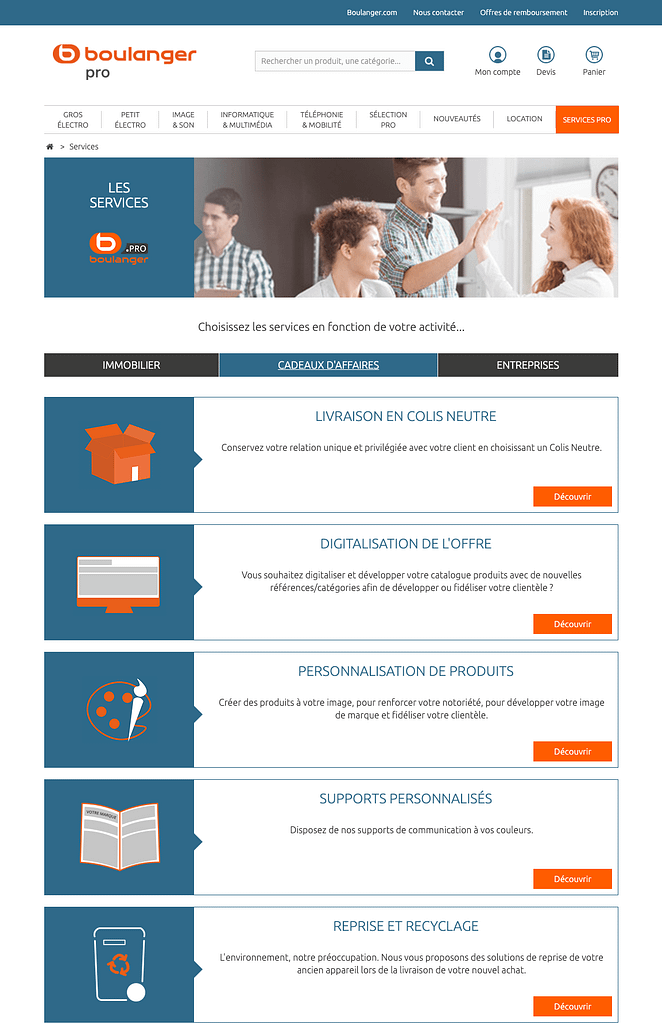 Page de services sur boulanger pro