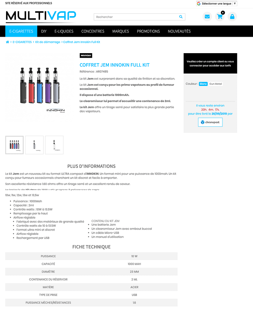 Page produit de MultiVap